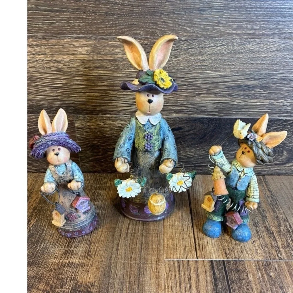 Vintage Style Resin Easter Bunny Figurines Set 3 Piece Primitive Spring Decor